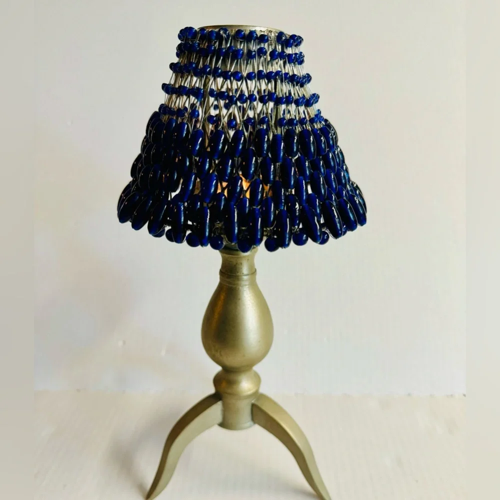 Vtg Cobalt Blue Glass Bead Shaded Votive candle holder with pewter 3 leg base.
